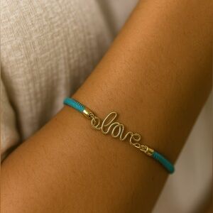 “Love” Charm Adjustable Teal Rope Bracelet – Handmade, Minimalist Style NWT